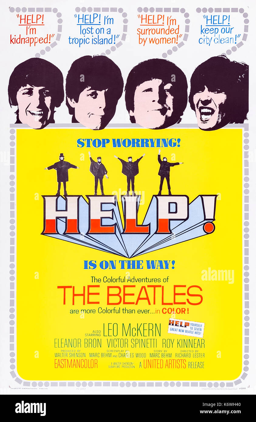 Help! (1965) directed by Richard Lester and starring John Lennon, Paul McCartney, George Harrison and Ringo Starr. The band comes to the rescue of Ringo held captive by an evil cult in this musical comedy. Stock Photo