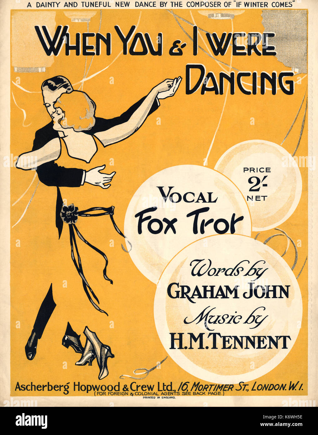 'When you and I were dancing' - vocal fox trot by H.M. Tennent. Words by Graham John. 1923 Published London, Ascherberg Hopwood & Crew Ltd. Stock Photo