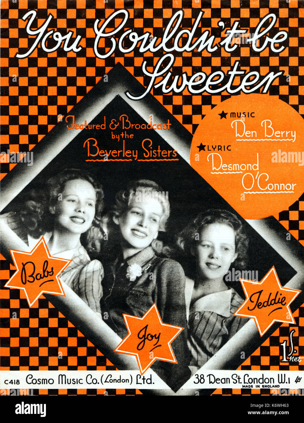 The Beverley Sisters on score cover of  'You couldn't be sweeter' by D. Berry . Words:  D. O'Connor. London, Cosmo Music Co., 1946 Stock Photo