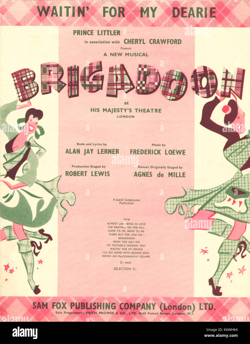 LERNER, Alan Jay (books & lyrics)& Frederick Loewe (music). Score cover 'Brigadoon' at His Majesty's Theatre (musical). Song: 'Waitin' for my dearie'. Sam Fox Pub. Co., 1947. Scottish kilt, tartan. Stock Photo