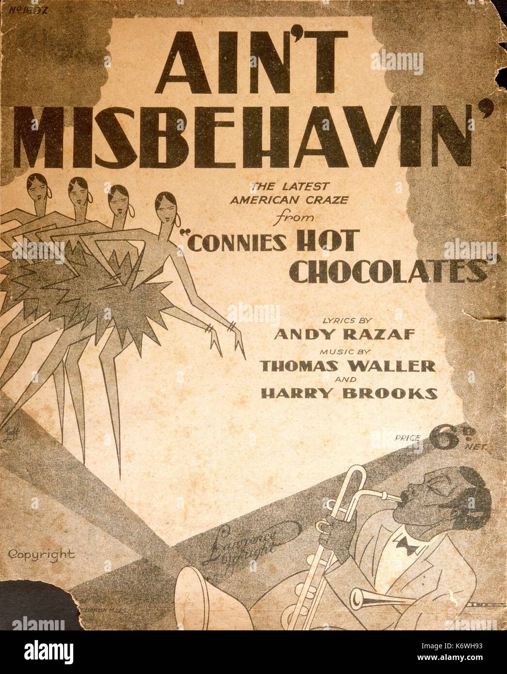 Ain't Misbehavin' 'The latest American craze from Connies Hot Chocolates. Craze for 'Connie's Hot Chocolates' Published New York, Mills Music, 1929. (Saxophone  Dance) score cover. Lyrics by  Andy Razaf, music by thomas Waller and Harry Brooks Stock Photo