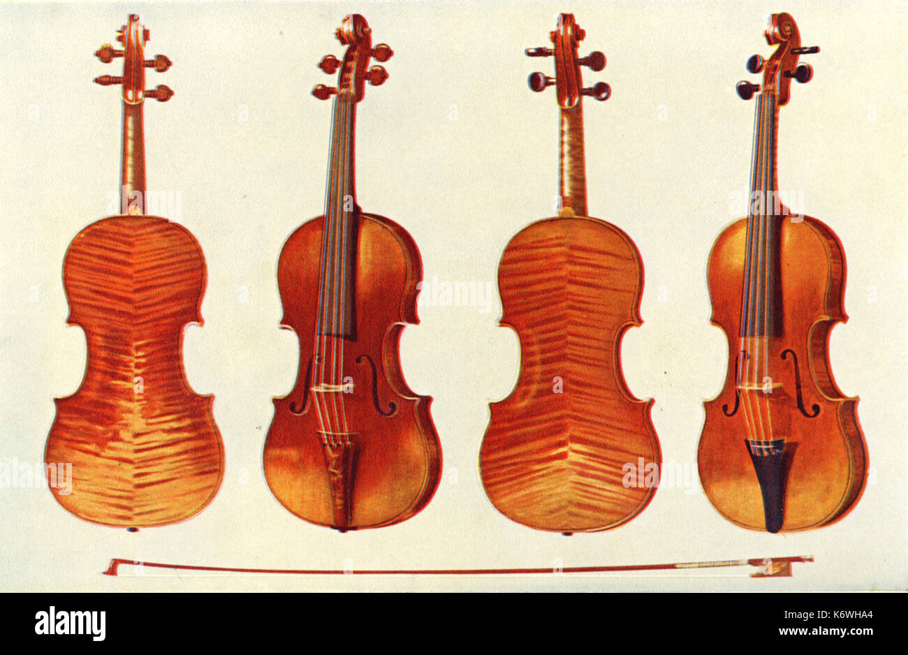 VIOLIN S- STRADIVARIUS & Guanerius 'Alard' Stradivarius (left, front & back views), 1715.  'King Joseph' Guarnerius del Gesu (right, front & back views).Also Tourte Bow, mounted with gold, silver, mother-of pearl. Drawn 1921 by Hipkins (Alfred James Hipkins 1826-1903) Stock Photo