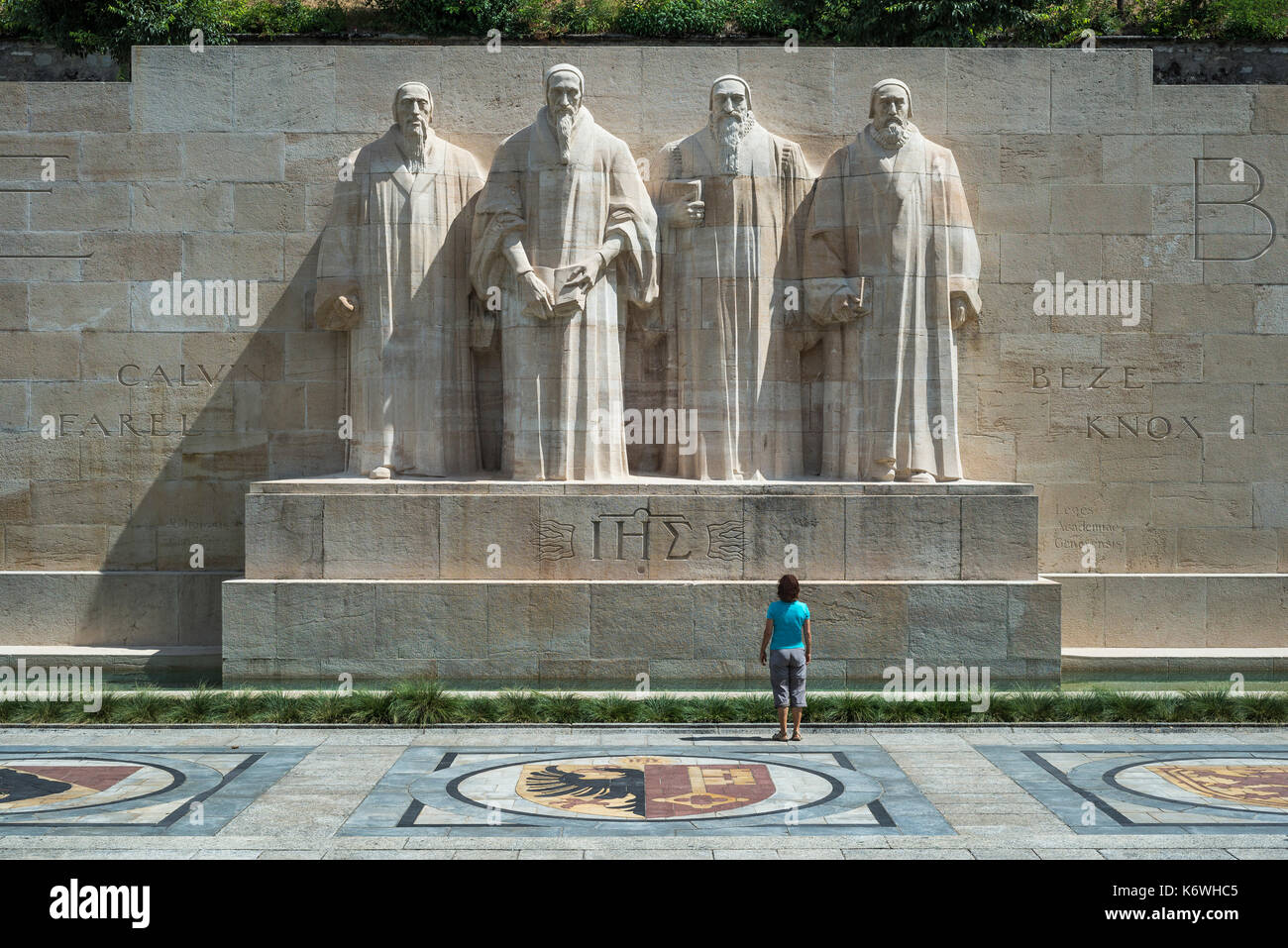 The reformers Farel, Calvin, Beza and Knox (from left to right), sculptures at the International Monument of the Reformation Stock Photo