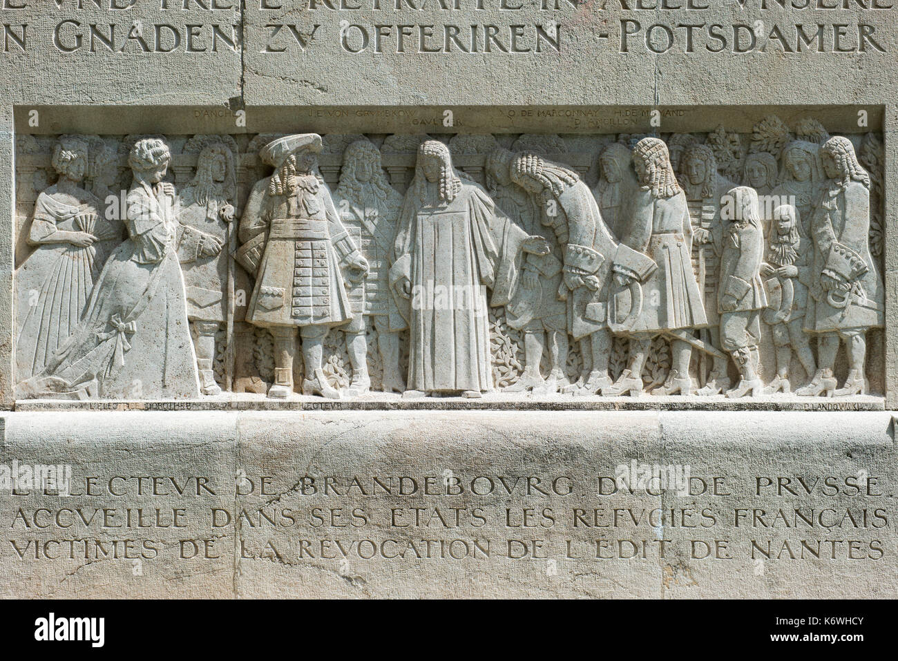 Elector Friedrich Wilhelm of Brandenburg takes up persecuted Huguenots, relief at the International Monument of the Reformation Stock Photo