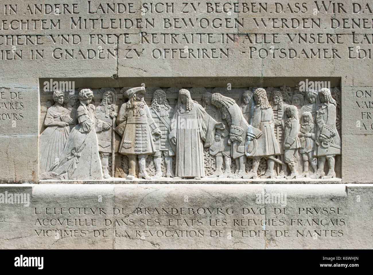 Elector Friedrich Wilhelm of Brandenburg takes up persecuted Huguenots, relief at the International Monument of the Reformation Stock Photo