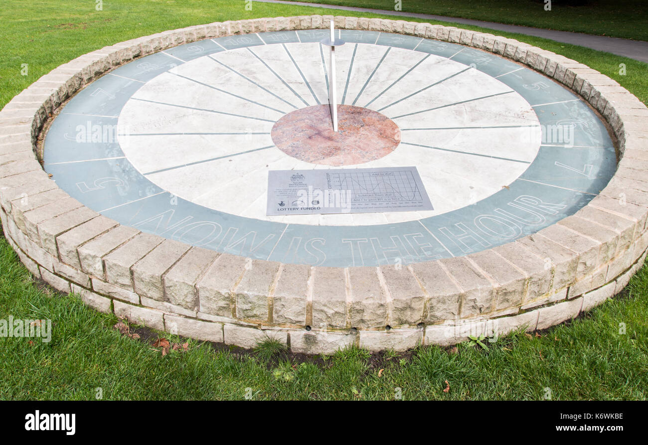 Swadlincote Park Derbyshire Sun Clock. Buff brick stone outer ring
