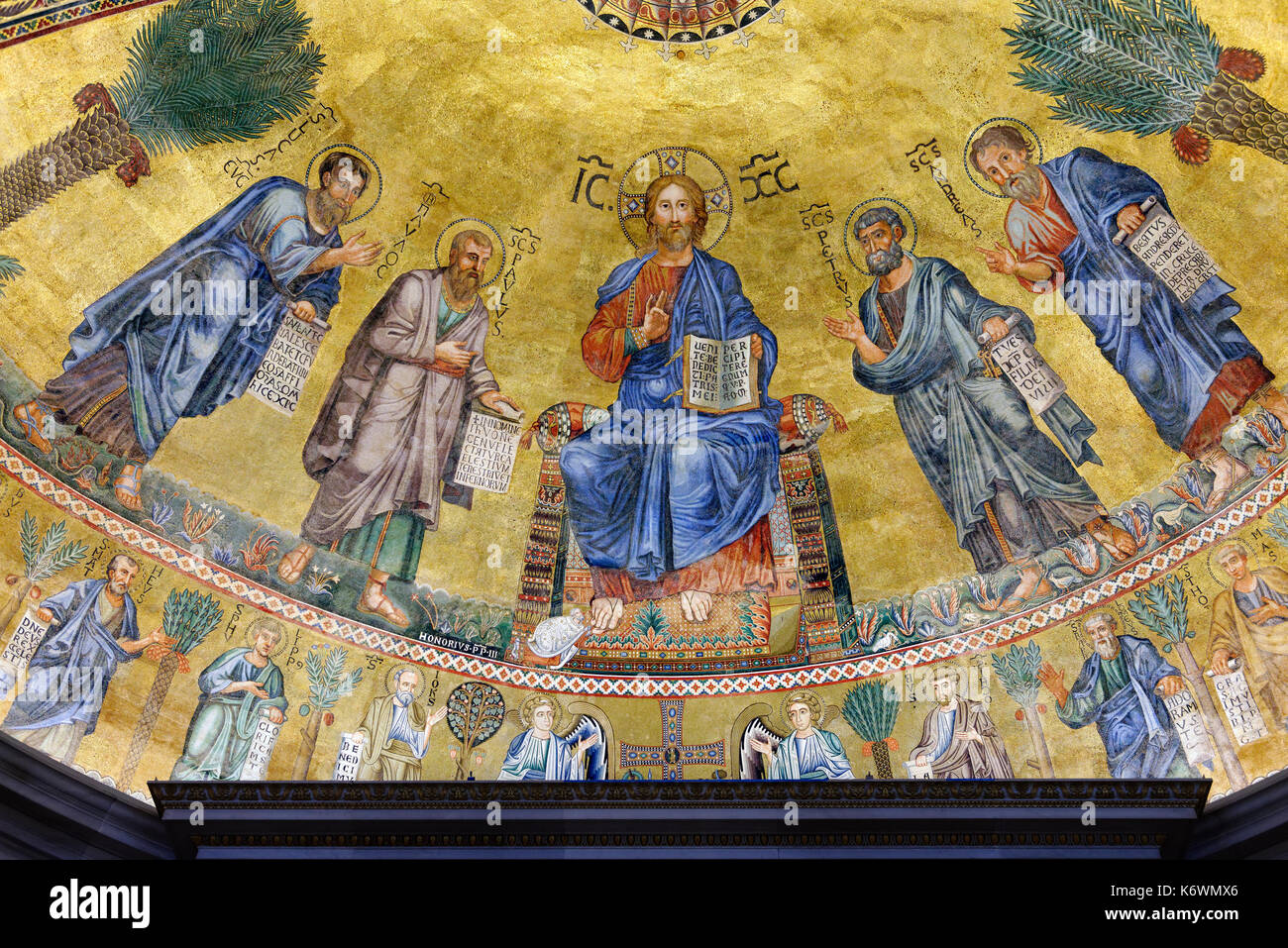Mosaic in apse, Christ with Apostles Peter, Andrew and Paul and Lucas, Mosaic, Basilica of San Paolo fuori le Mura, Rome, Italy Stock Photo