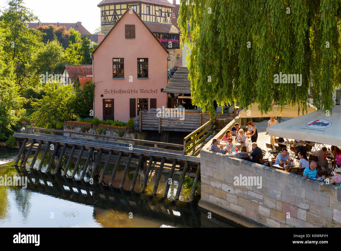 River Pegnitz with grinding mill, Lauf an der Pegnitz, Middle Franconia, Franconia, Bavaria, Germany Stock Photo