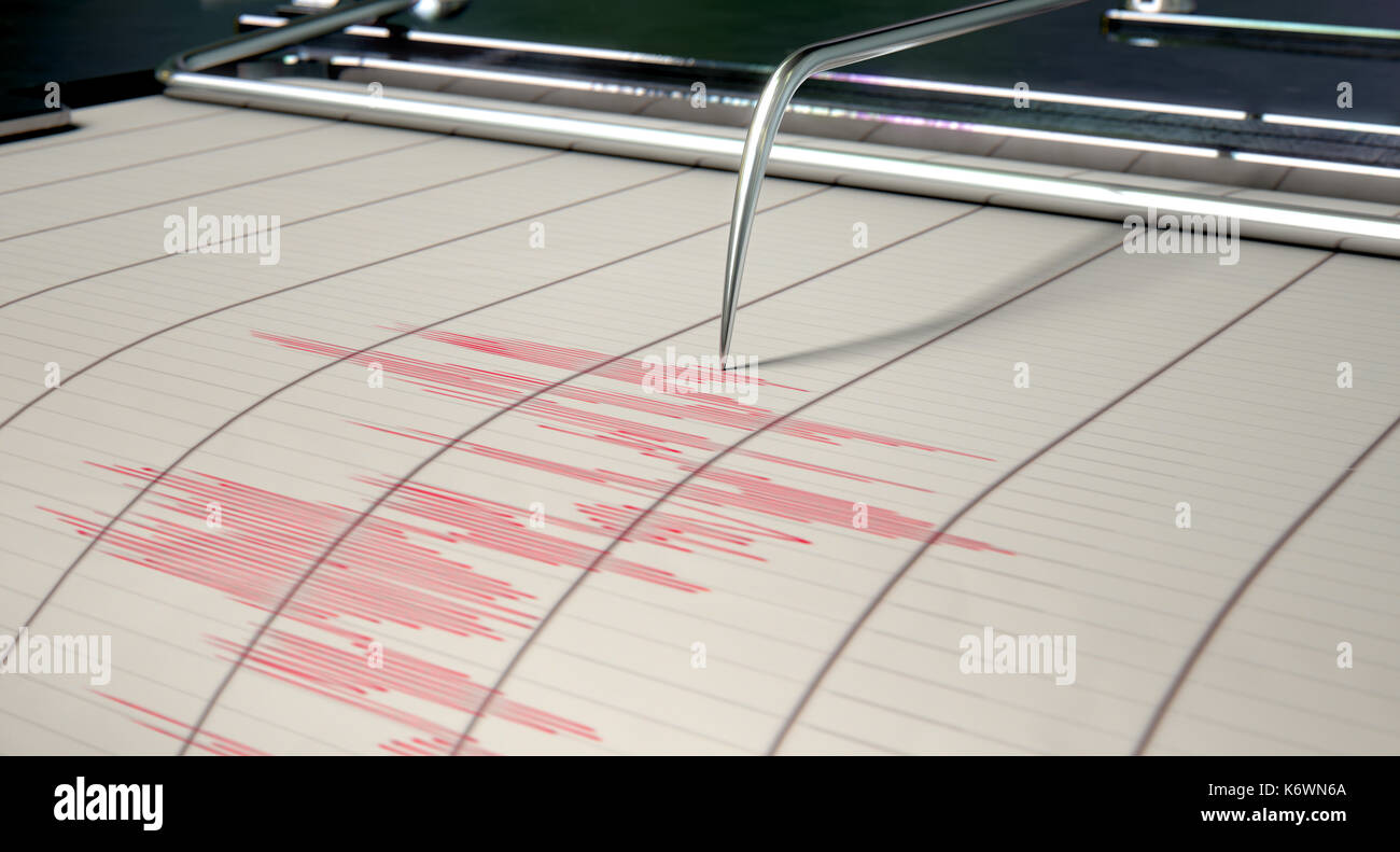 A closeup of a seismograph machine needle drawing a red line on graph paper depicting seismic and earthquake activity - 3D render Stock Photo