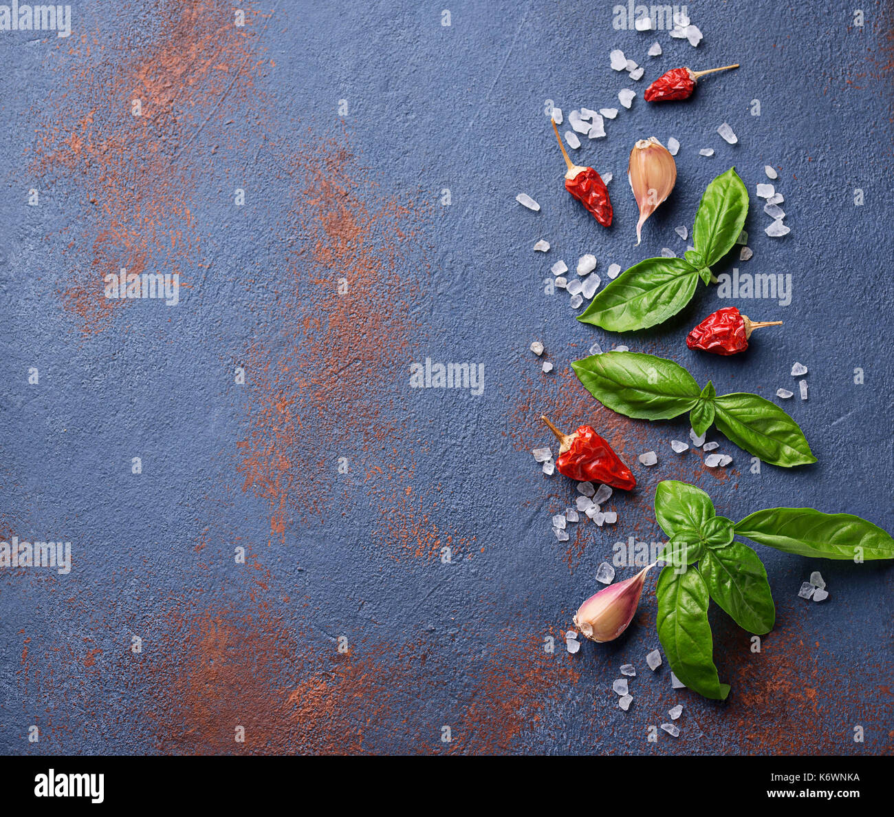 Red pepper, salt, garlic and basil Stock Photo Alamy