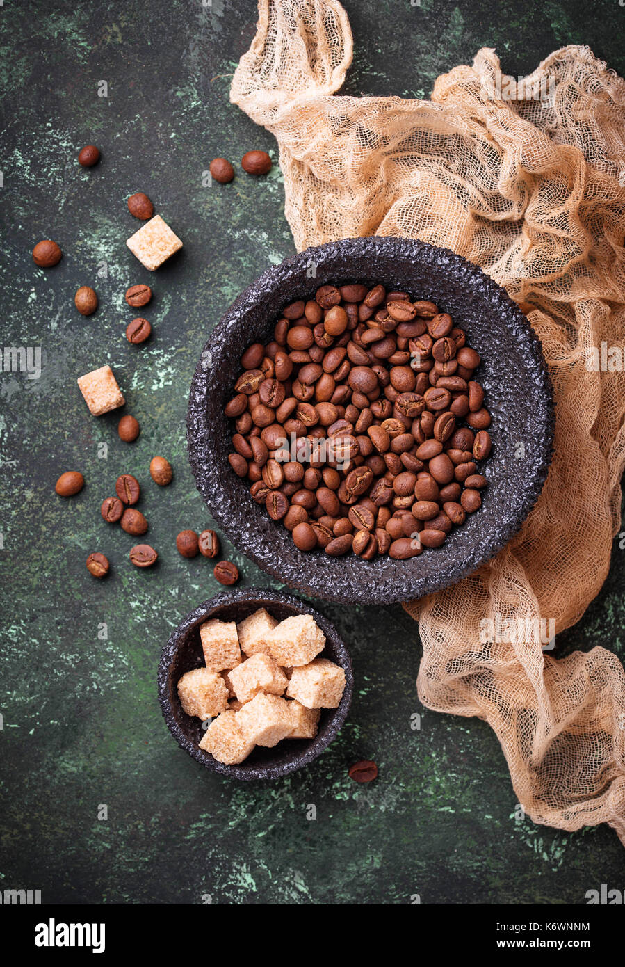 Coffee beans and brown sugar.  Stock Photo