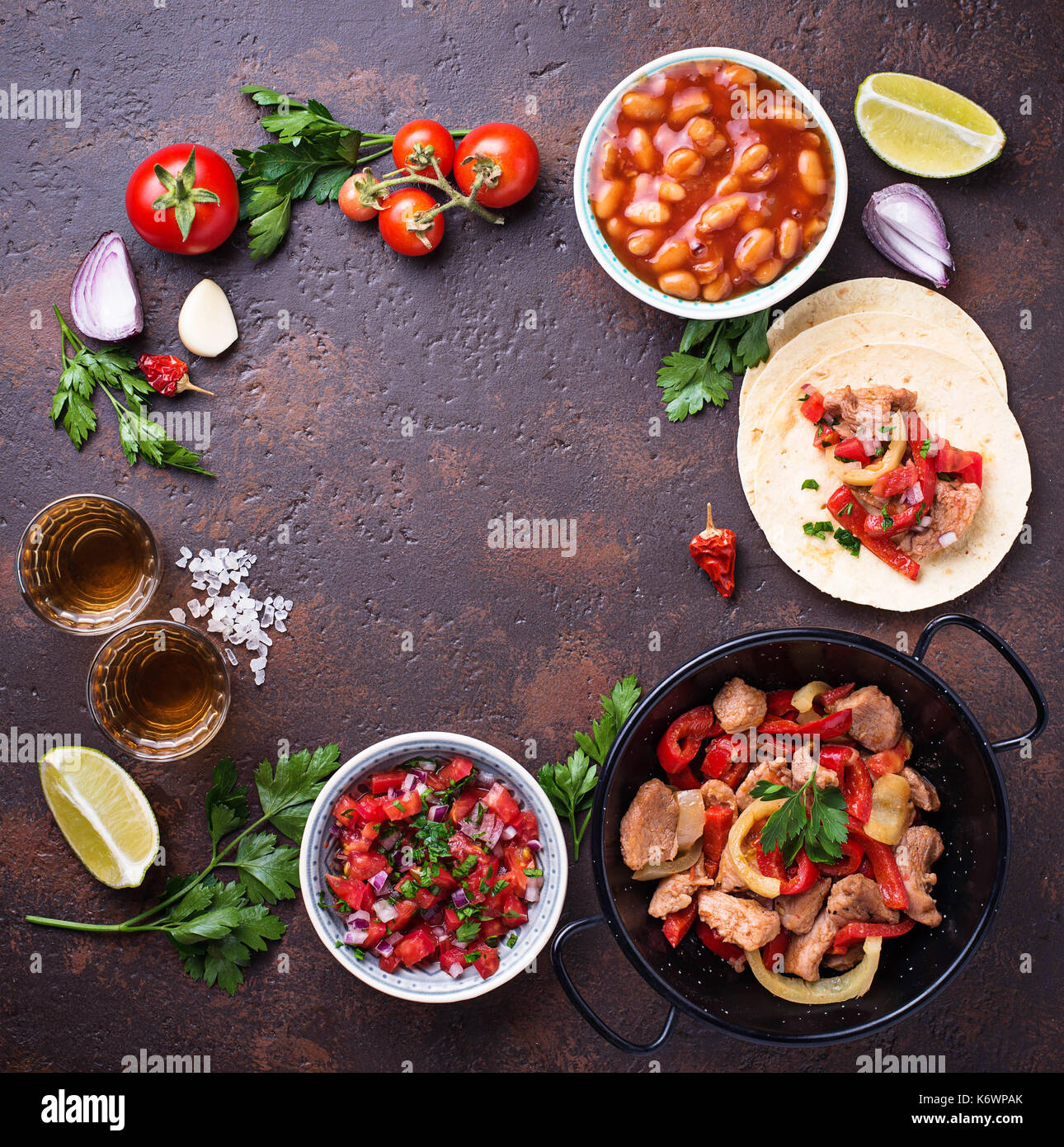 Concept of Mexican food. Salsa, tortilla, beans, fajitas and te Stock Photo Alamy