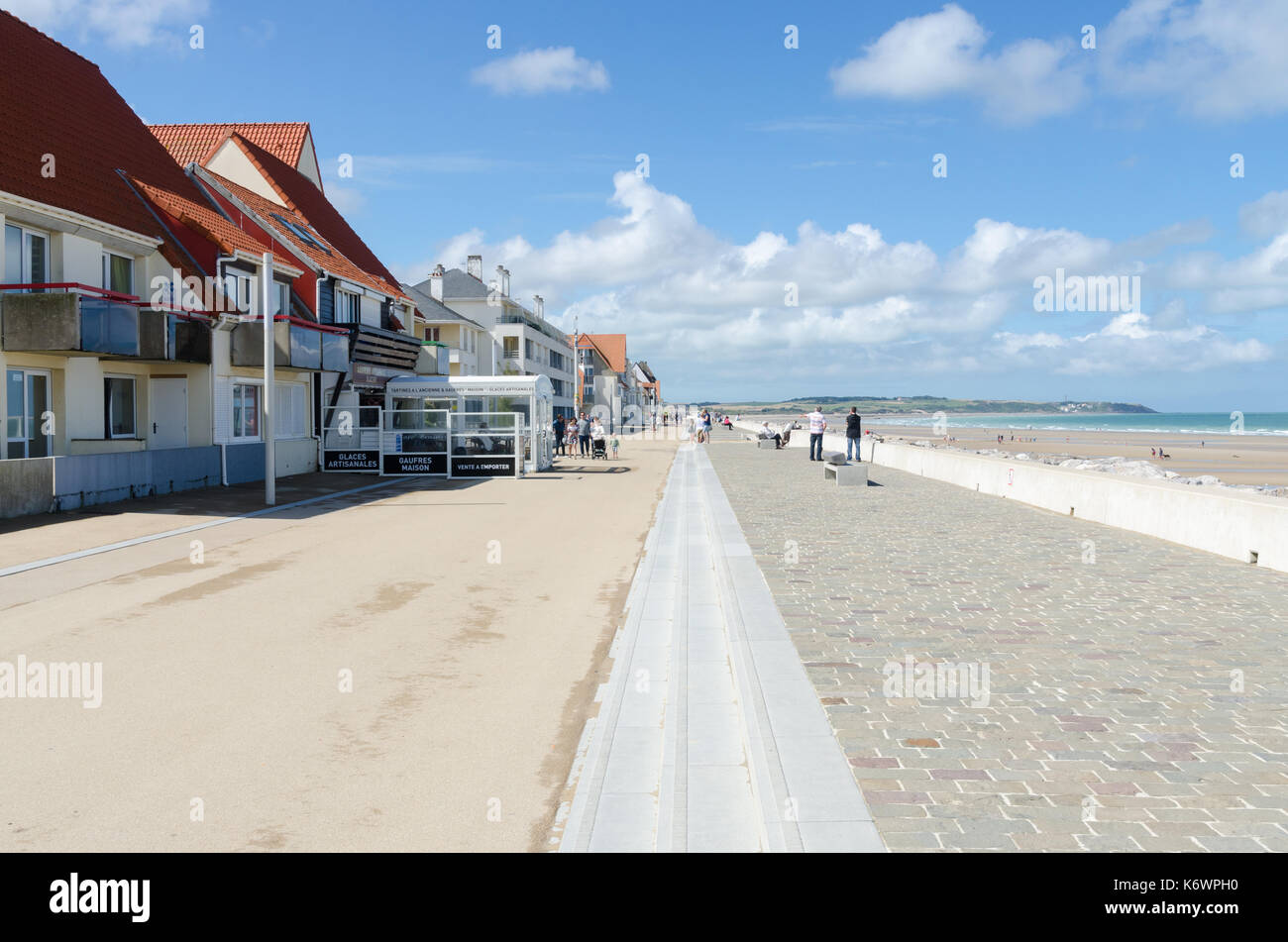 Sea defence wall at the pretty seaside town of Wissant in the Pas-de-Calais region of northern France Stock Photo