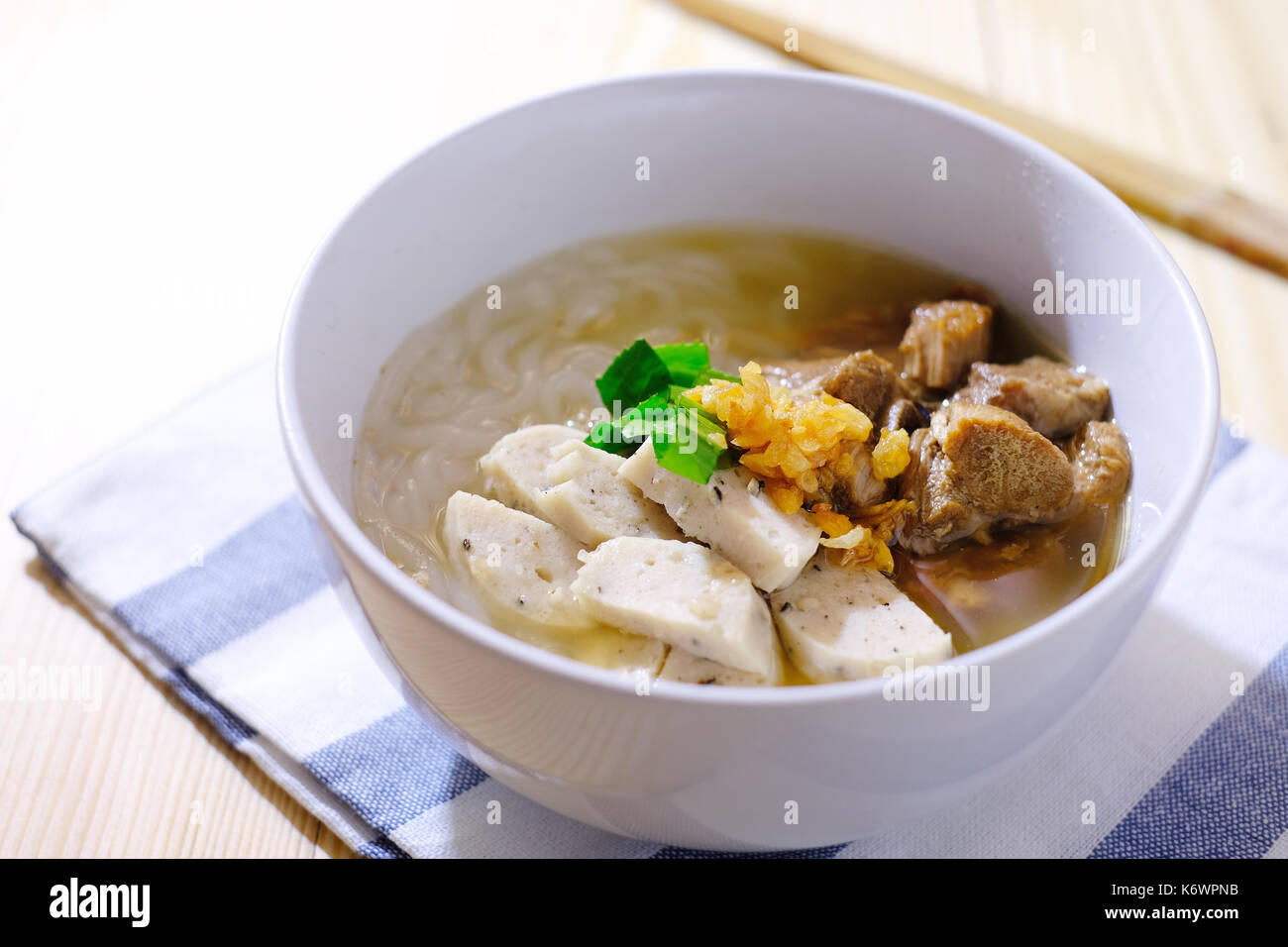 white pork sausage with noodle in soup, asian style Stock Photo