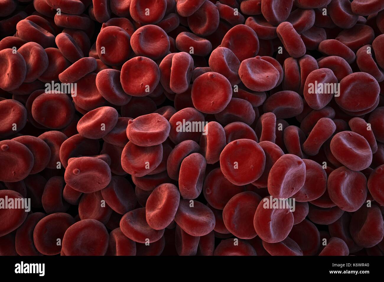 Landscape close-up of image of oxygenated Red Blood Cells (Erythrocytes) piled up, full frame, alternate false rich red colored stylized depiction. Stock Photo