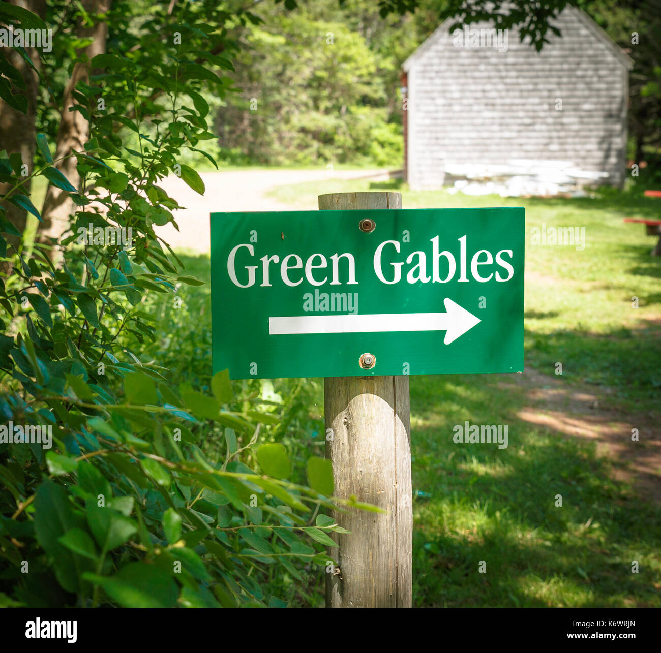 Sign with arrow pointing to Green Gables, home of fictional character, Anne of Green Gables