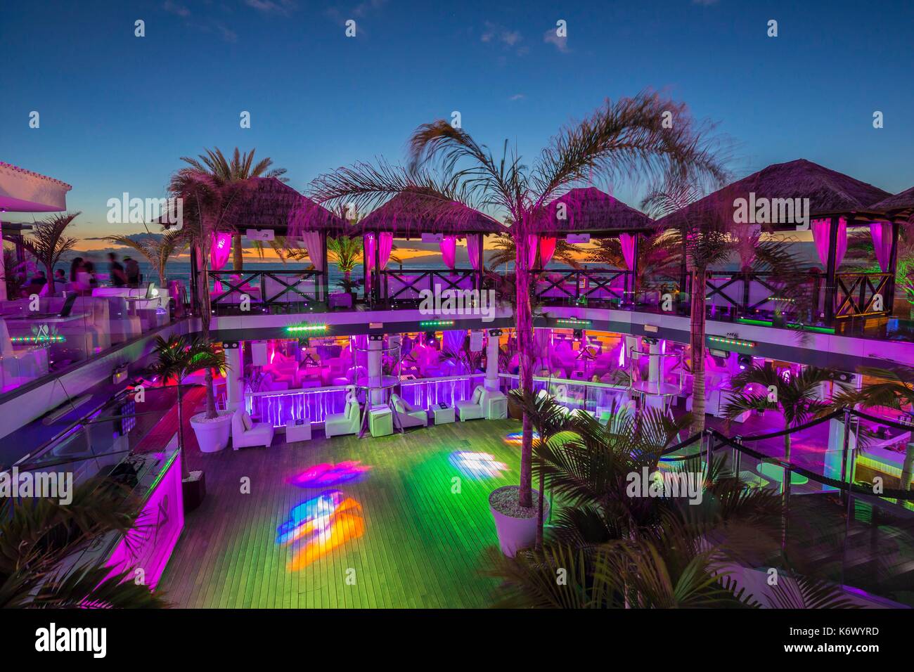 Spain, Canary Islands, Tenerife island, Playa de La AmŽricas, bar Le  Papagayo Beach Club Stock Photo - Alamy
