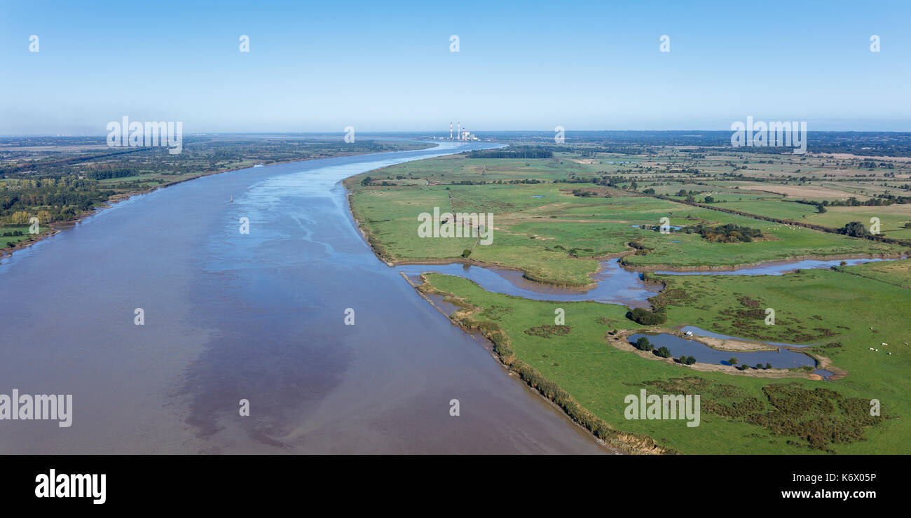 France, Loire Atlantique, Saint Etienne de Montluc, the Loire river and the thermal power plant (aerial view) Stock Photo