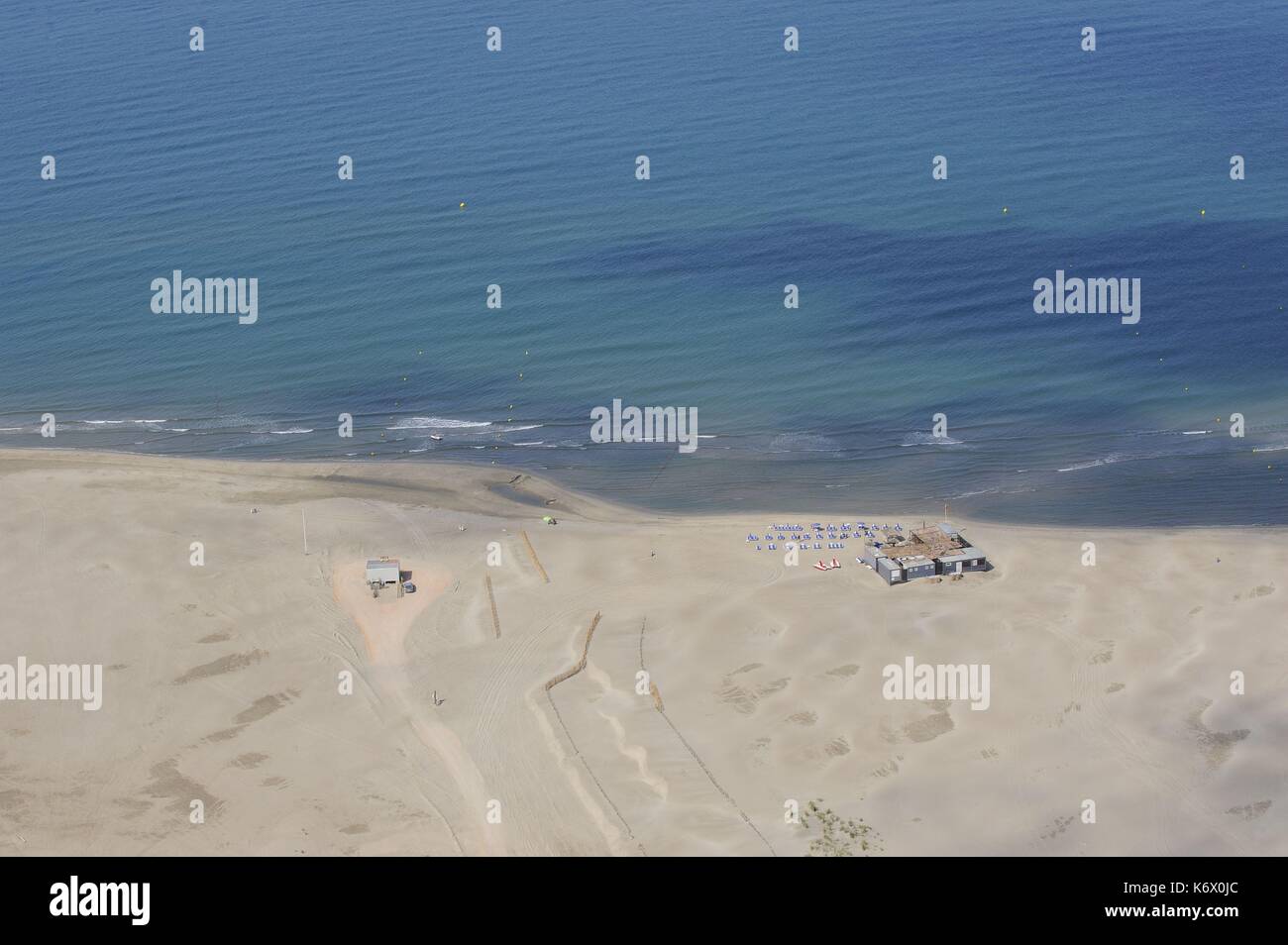 France, Gard, the Grau du Roi, coastal cordon around the tip of the Espiguette (aerial view) Stock Photo