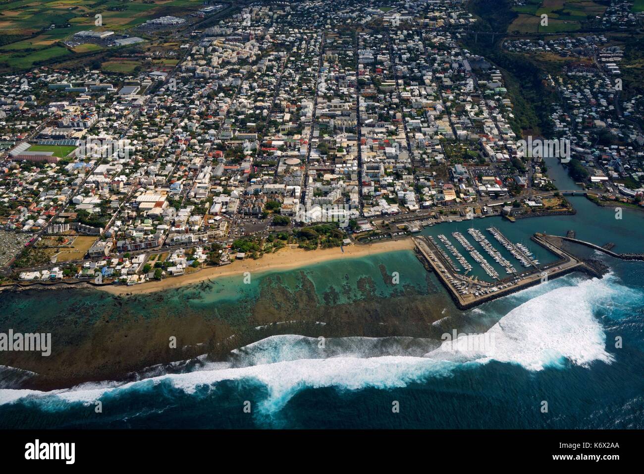Reunion, Saint Pierre, sub-prefecture of Reunion island, Seaside town with  a port of 400 places, His Latin motto is Fortis fortuna fortior, which mean  Valor is stronger than fortune, Aerial view of