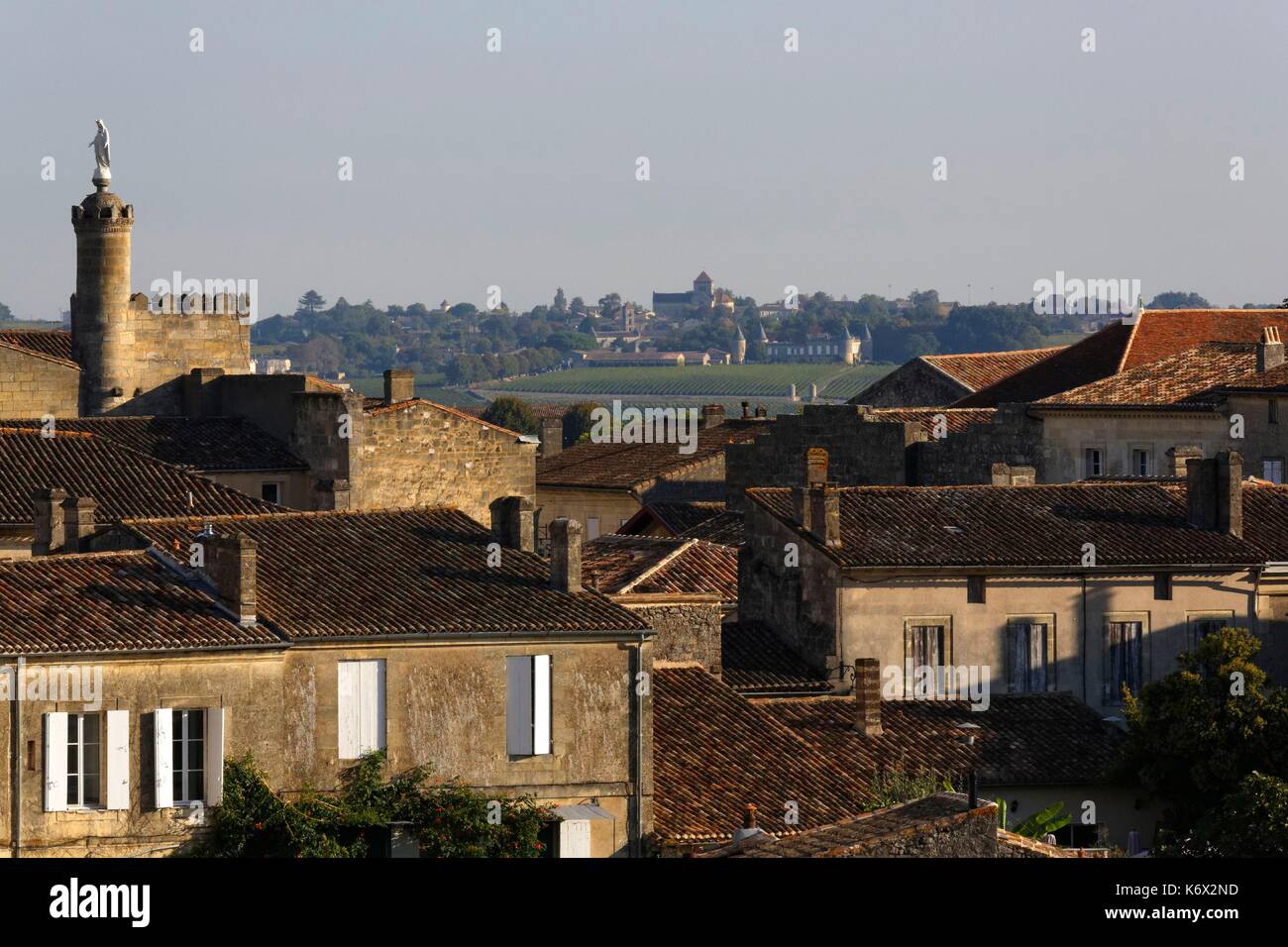 France, Gironde, Saint Emilion, area listed as World Heritage by UNESCO, view of the upper town and the village of Montagne in the background Stock Photo