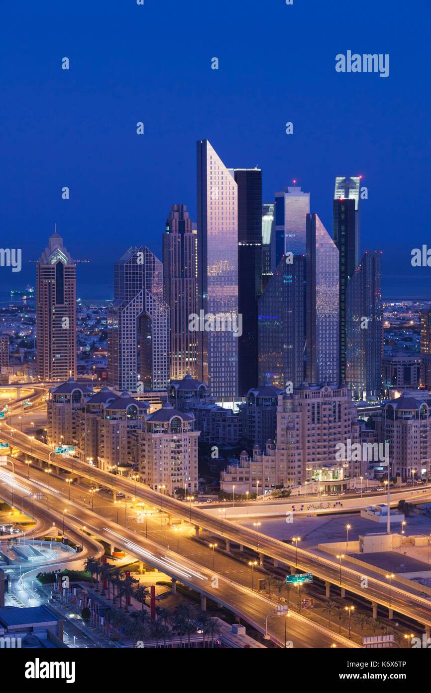 United Arab Emirates, Dubai, Downtown Dubai, elevated view of skyscrapers on Sheikh Zayed Road from downtown, dawn Stock Photo