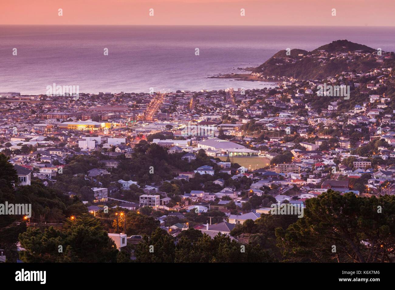New Zealand, North Island, Wellington, elevated view of suburbs from Mt. Victoria, dawn Stock