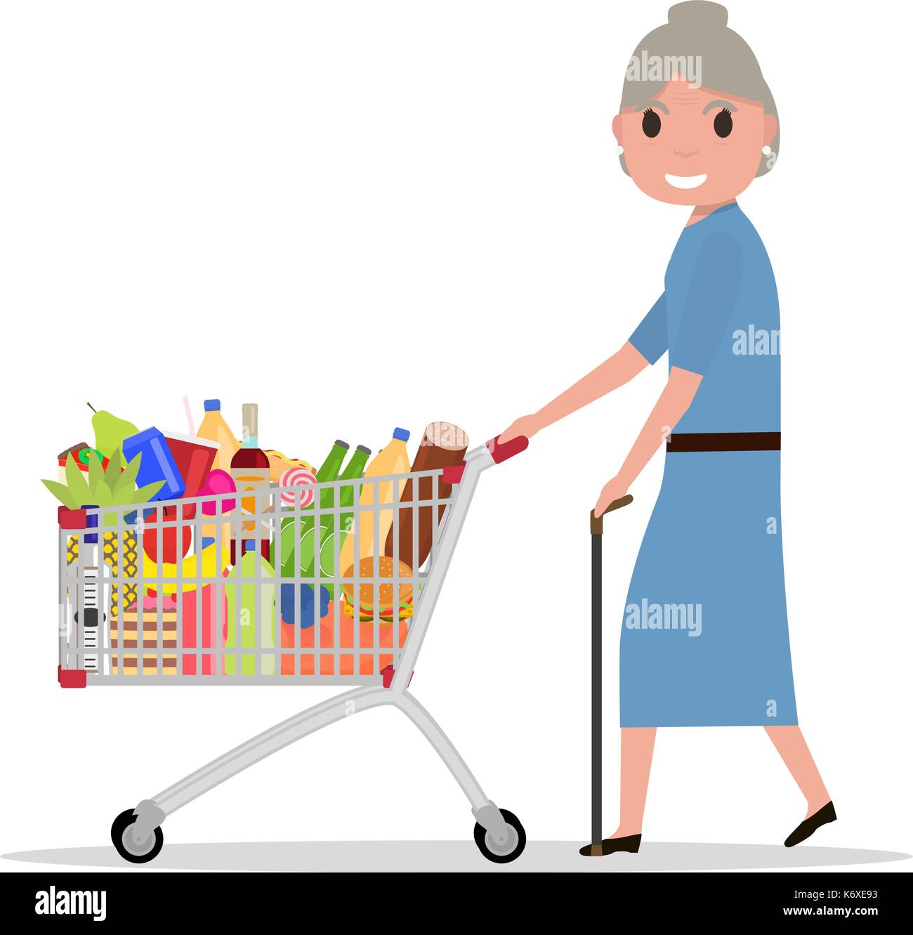 Vector cartoon old woman with shopping trolley Stock Vector