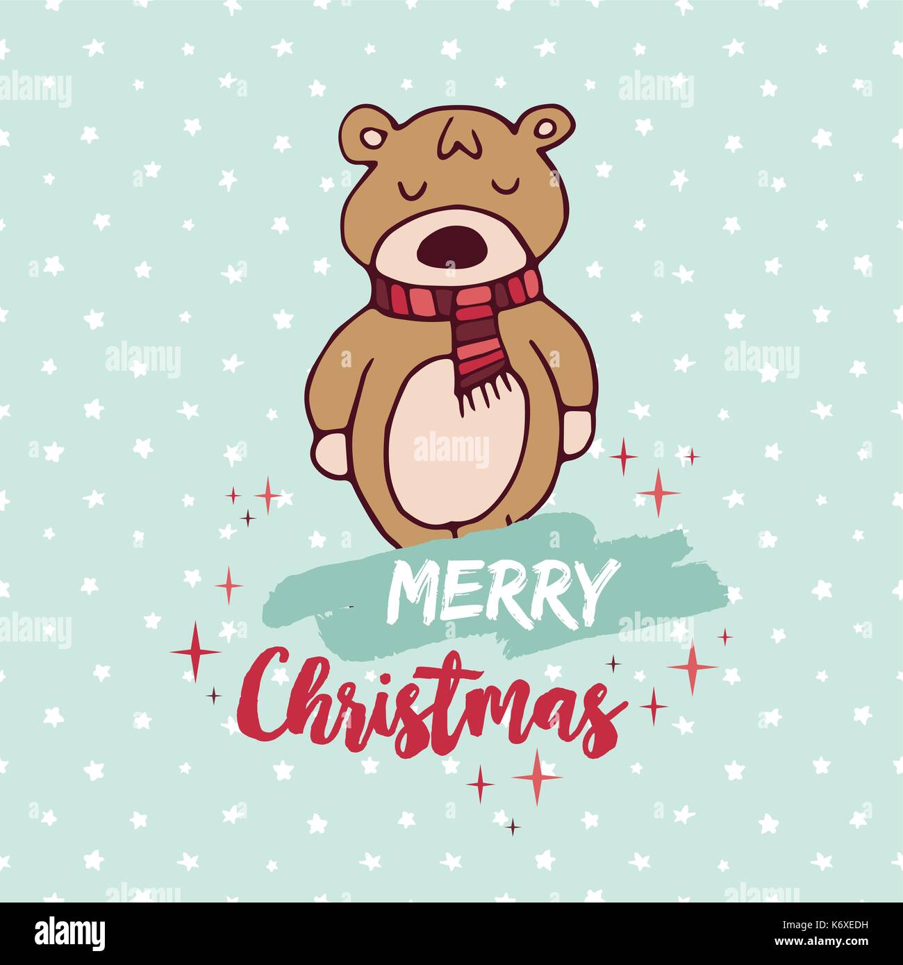 Merry Christmas hand drawn baby bear greeting card illustration. Cute animal cartoon with scarf and handwritten holiday typography quote. EPS10 vector Stock Vector