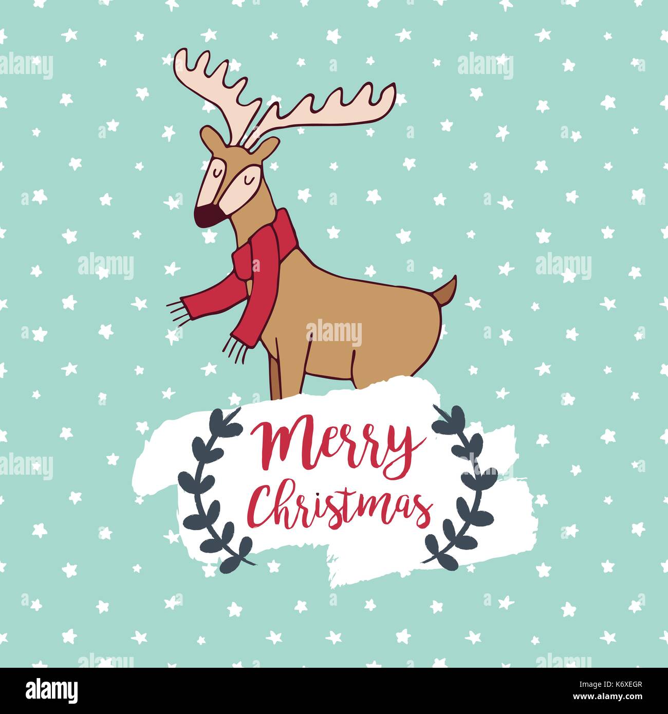 Merry Christmas hand drawn reindeer greeting card illustration. Cute