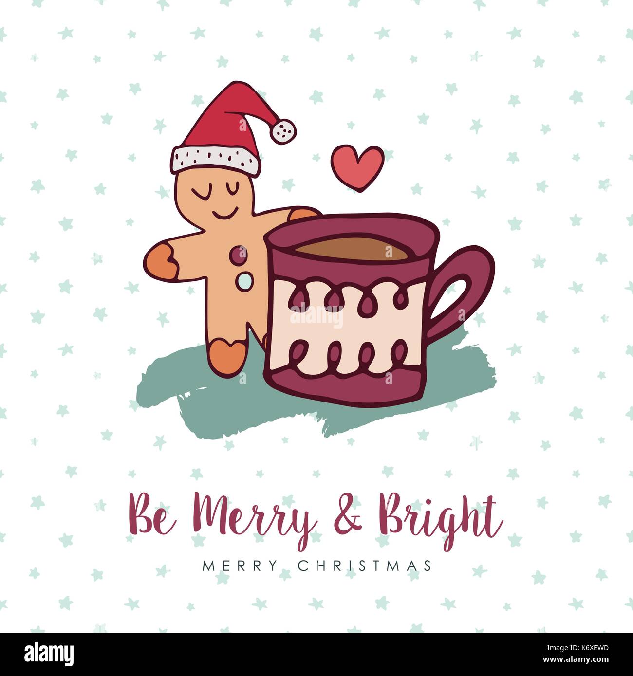 Merry Christmas hand drawn winter food greeting card. Cute gingerbread man with hot cocoa mug and handwritten holiday typography quote. EPS10 vector. Stock Vector
