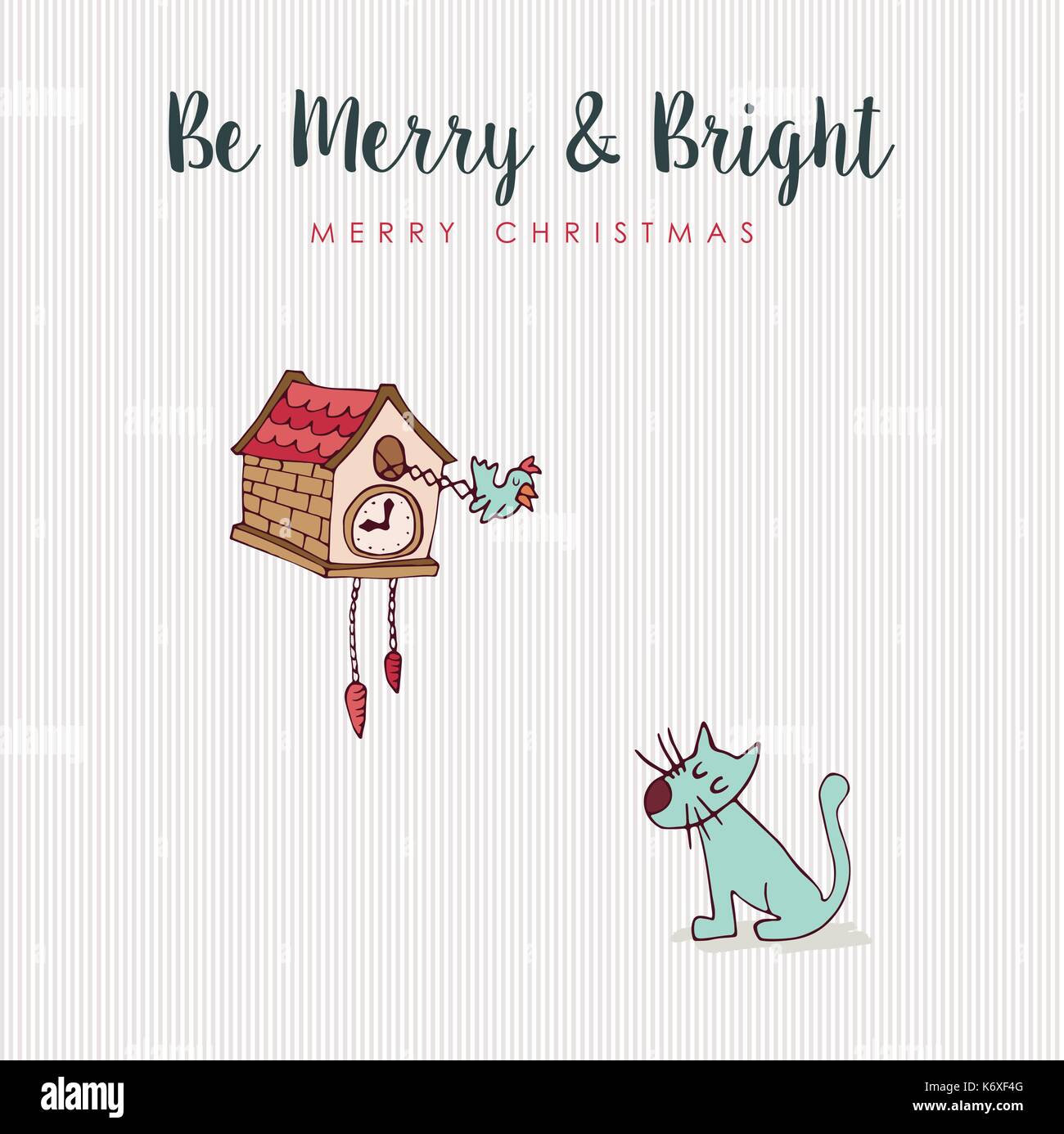 Merry Christmas hand drawn animal greeting card. Funny cat and cuckoo bird clock cartoon with holiday typography quote. EPS10 vector. Stock Vector