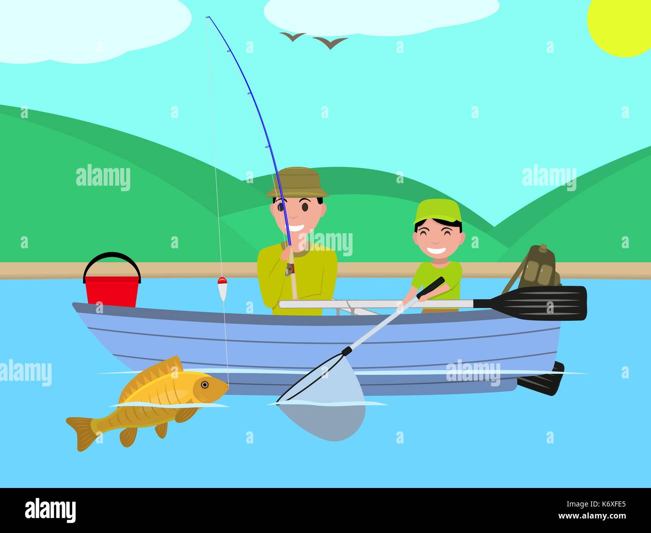 Vector cartoon father son together fishing boat Stock Vector Image