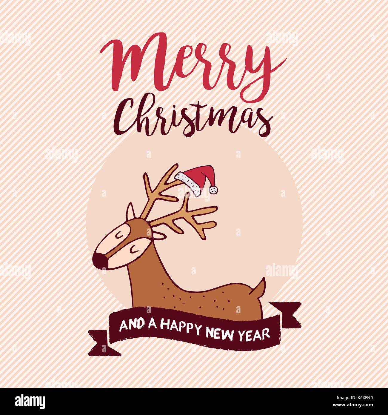 Merry Christmas New Year hand drawn reindeer greeting card illustration ...