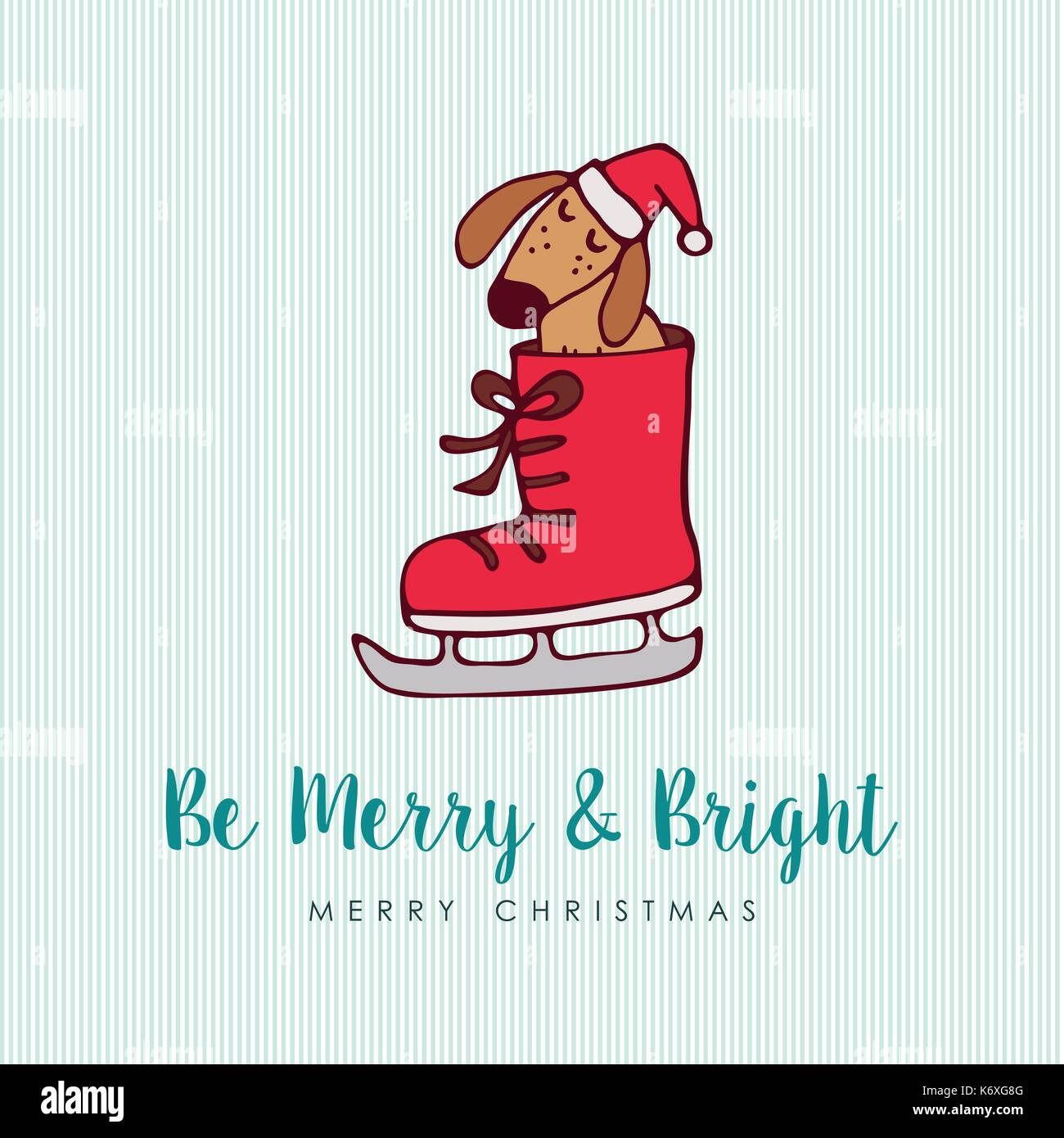 Merry Christmas hand drawn dog greeting card illustration. Funny puppy inside ice skate boot with santa hat and handwritten holiday typography quote.  Stock Vector