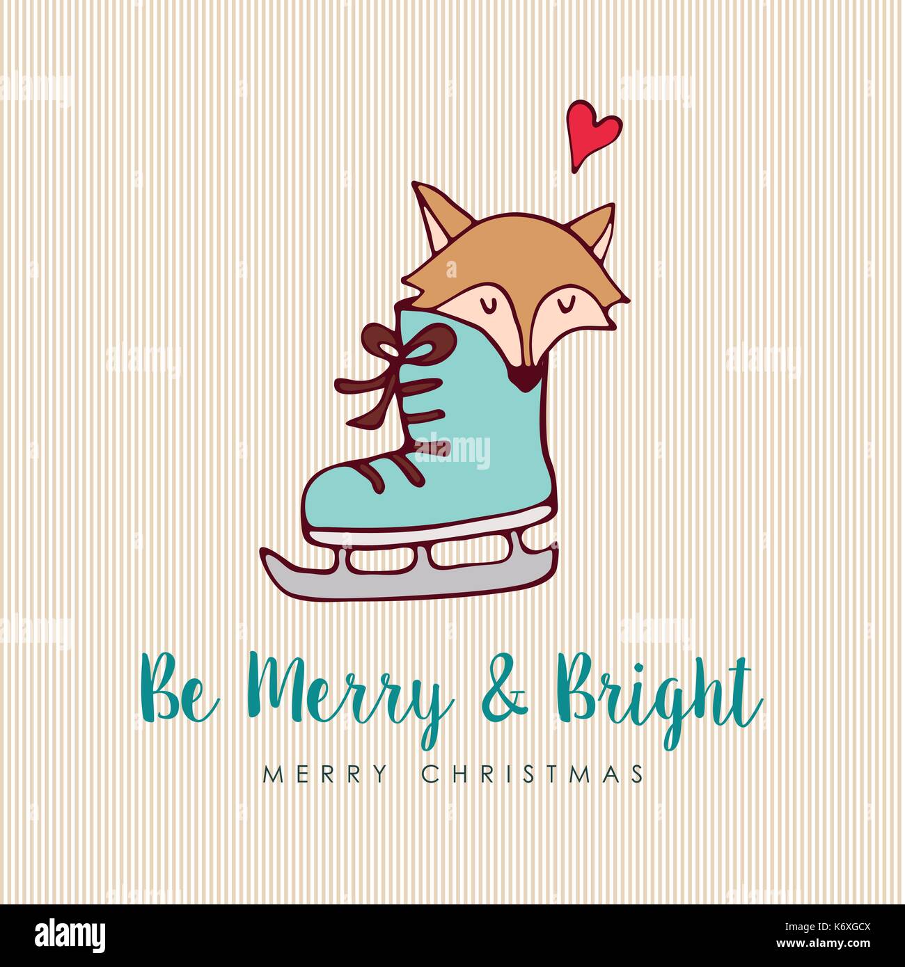 Merry Christmas hand drawn animal greeting card illustration. Funny fox inside ice skate boot with holiday typography quote. EPS10 vector. Stock Vector