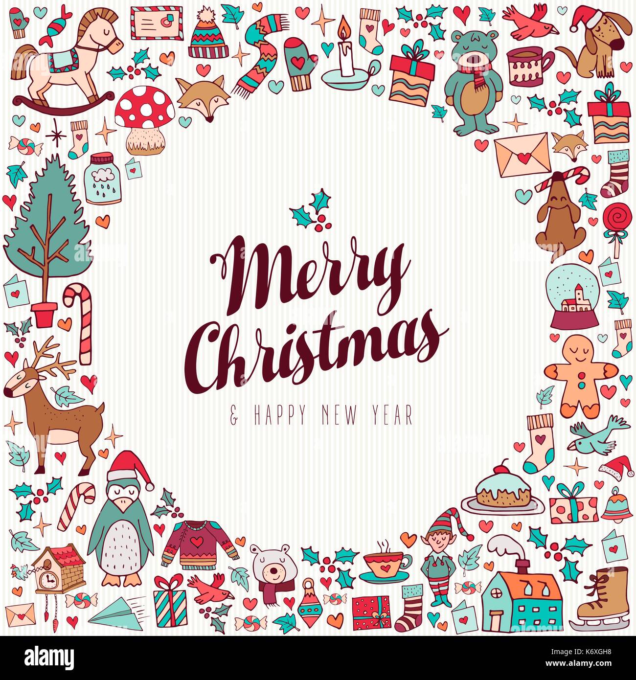 Merry Christmas hand drawn greeting card design with cute winter holiday ornament and animal decoration icons