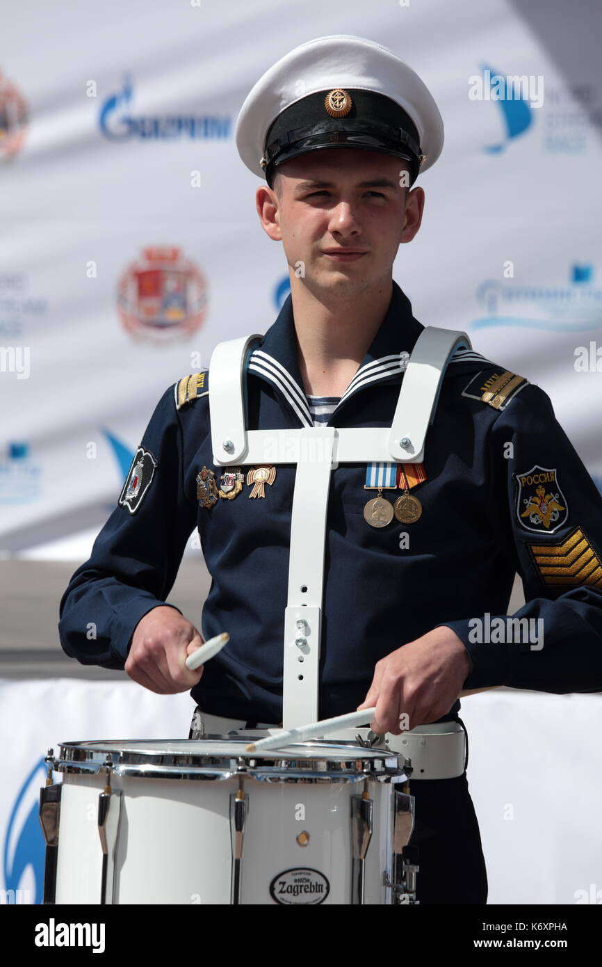 St. Petersburg, Russia - June 4, 2016: Unidentified drummer from the band of Kronstadt naval cadet corps during the opening ceremony of the Nord Strea Stock Photo