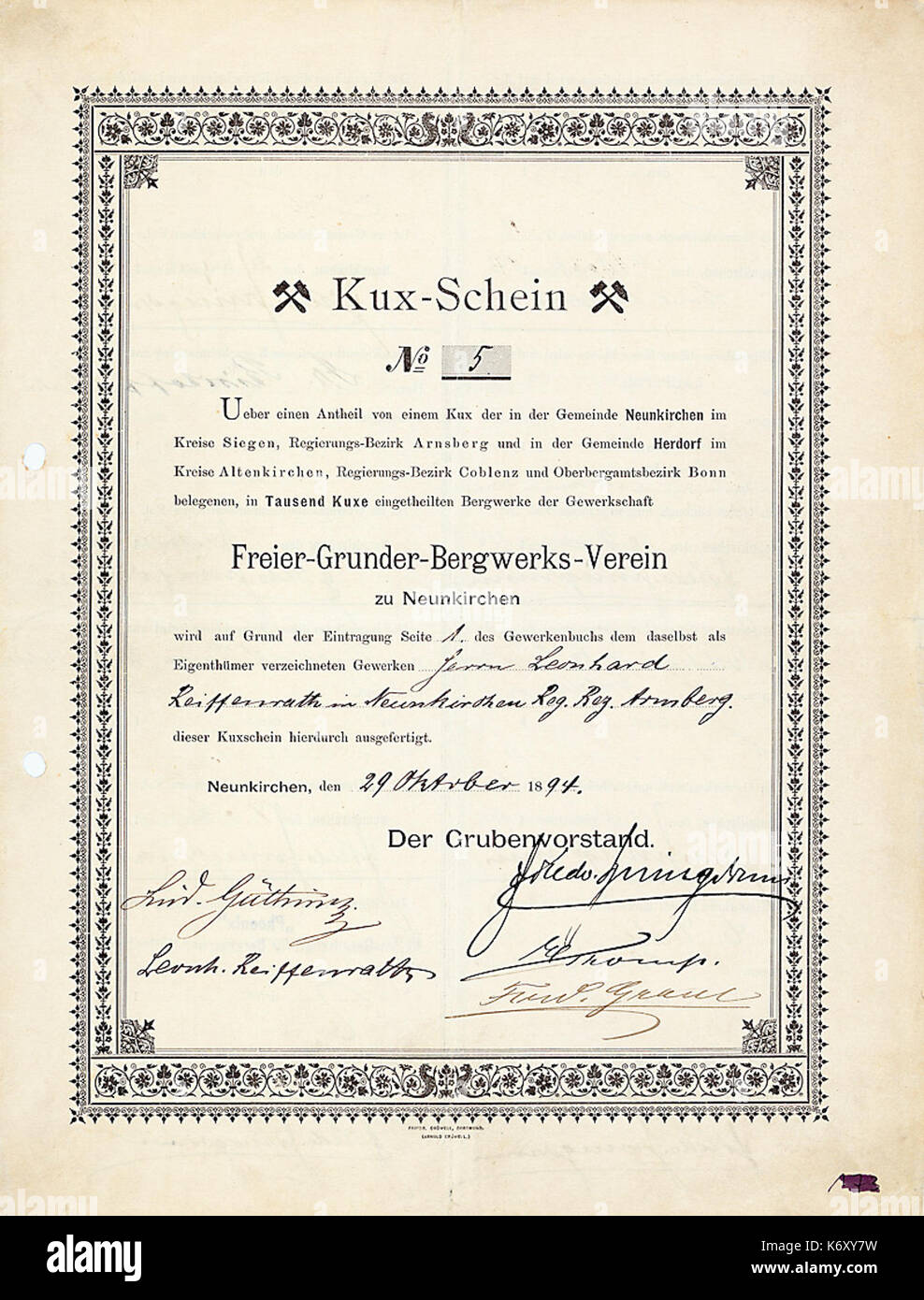 Freier Grunder Bergwerks Verein 1894 Stock Photo