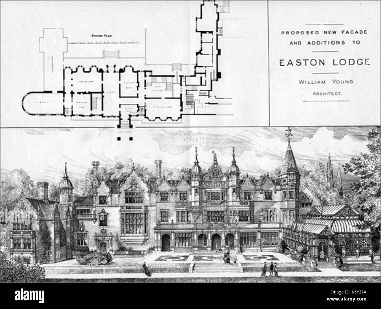 Easton Lodge 19th century architectural drawing by William Young Stock