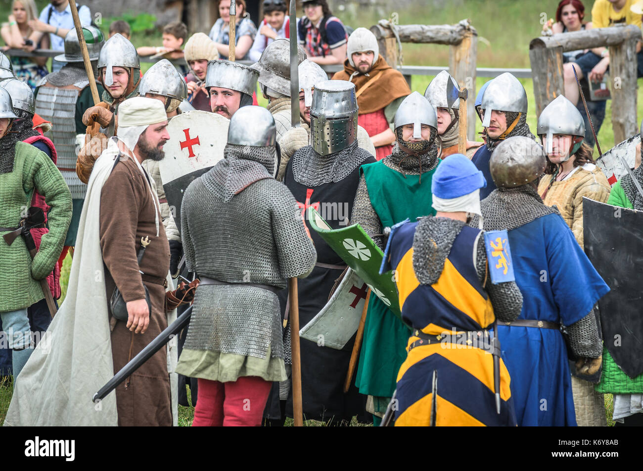 MOSCOW,RUSSIA-June 06,2016: Warriors in ancient costumes prepare for battle. Stock Photo