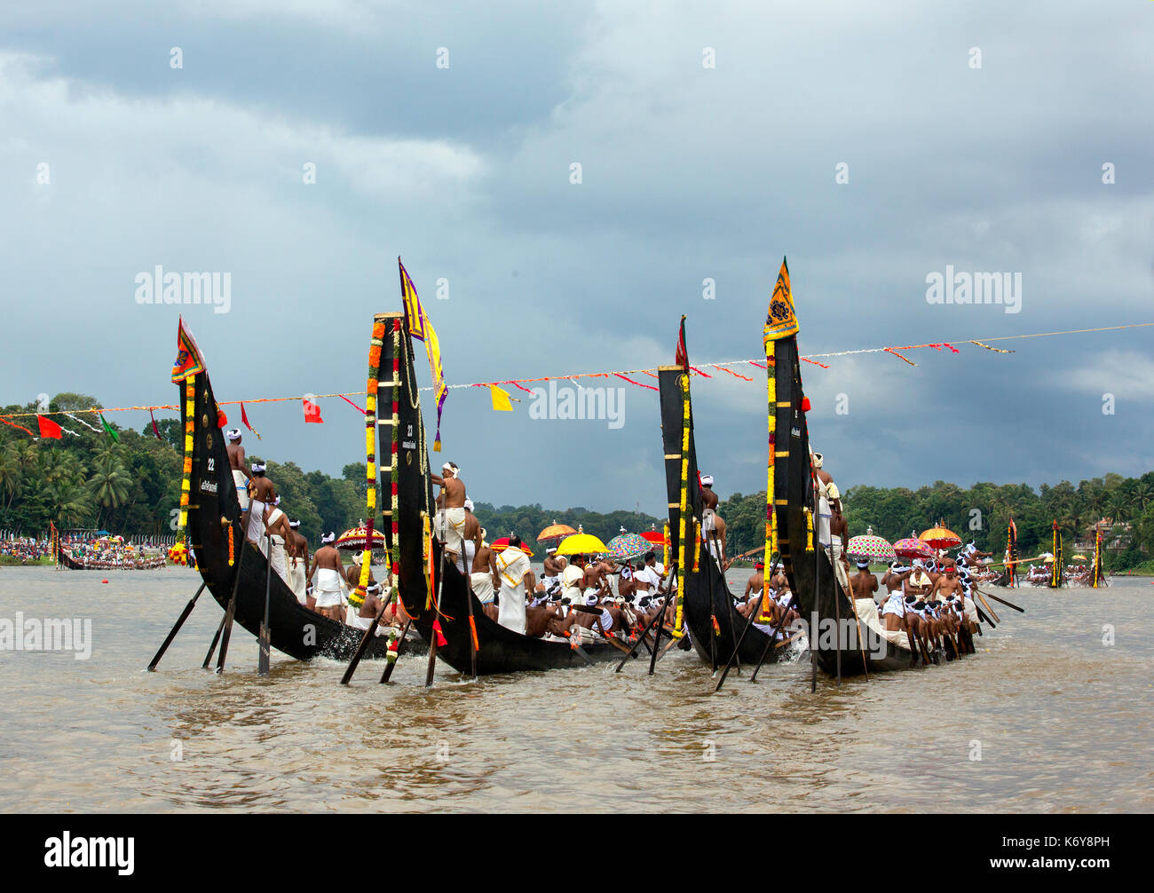 decorated boats also called palliyodam and rowers from Aranmula Boat Race,the oldest river boat fiesta in Kerala,Aranmula,snake boat race,india Stock Photo