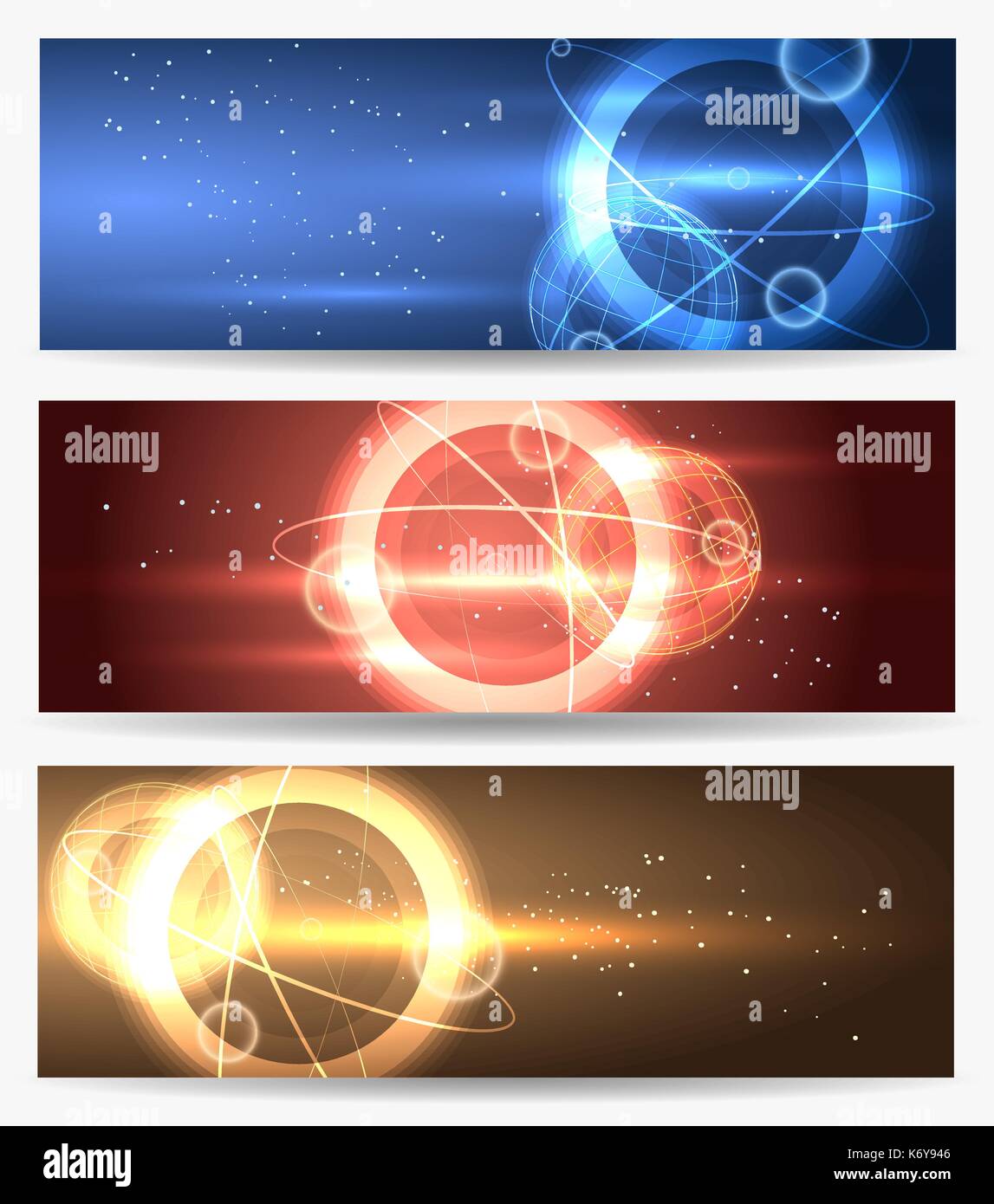 Planets in space banner set. Horizontal banners with glowing planets and spheres. Vector illustration Stock Vector