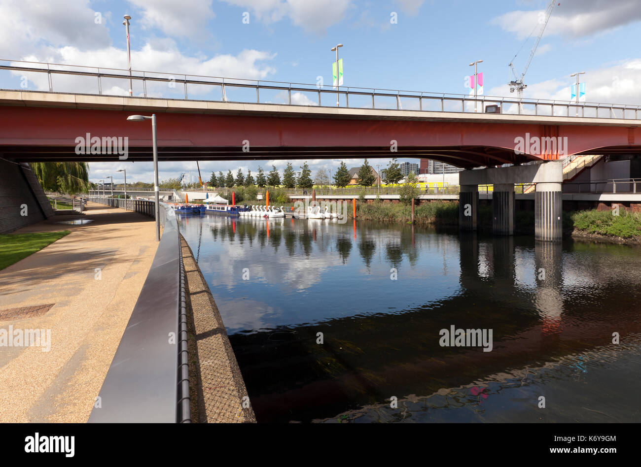 View of the River Lea, looking towards the bridge carrying Stratford Walk,  in the Queen Elizabeth Olympic Park, Stratford, London Stock Photo