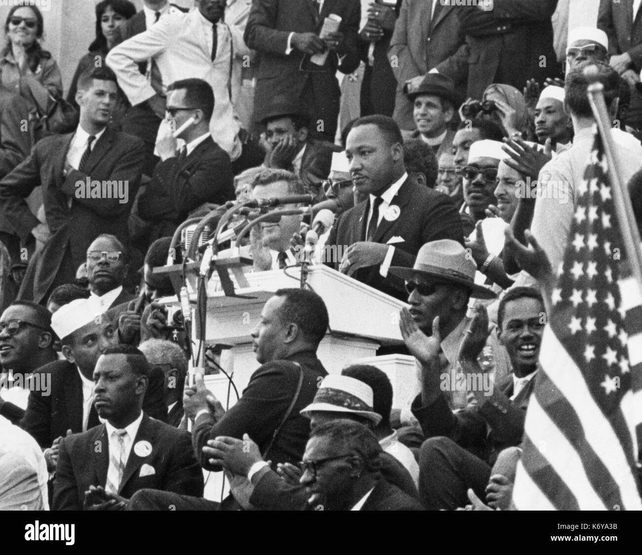 Dr. Martin Luther King, Jr. addresses the crowd on the steps of the Lincoln Memorial during the historic March on Washington. 1963. Stock Photo