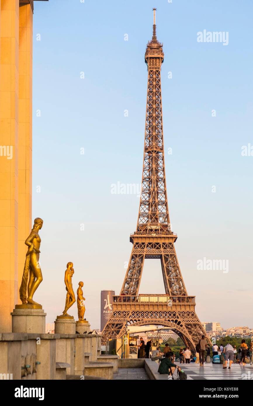 France, Paris, area listed as World Heritage by UNESCO, Place du Trocadero, Human Rights Park and the Eiffel Tower Stock Photo