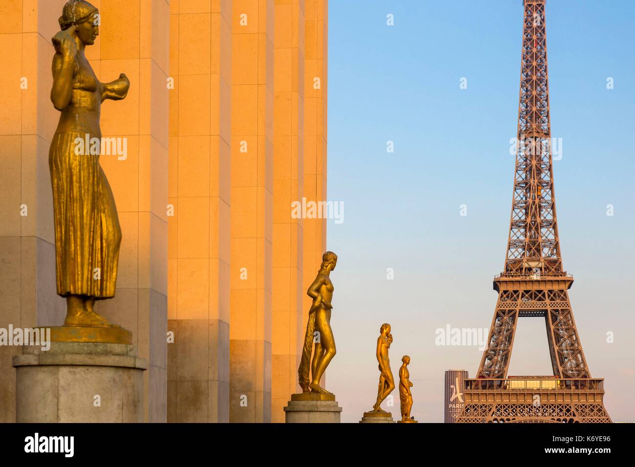 France, Paris, area listed as World Heritage by UNESCO, Place du Trocadero, Human Rights Park and the Eiffel Tower Stock Photo