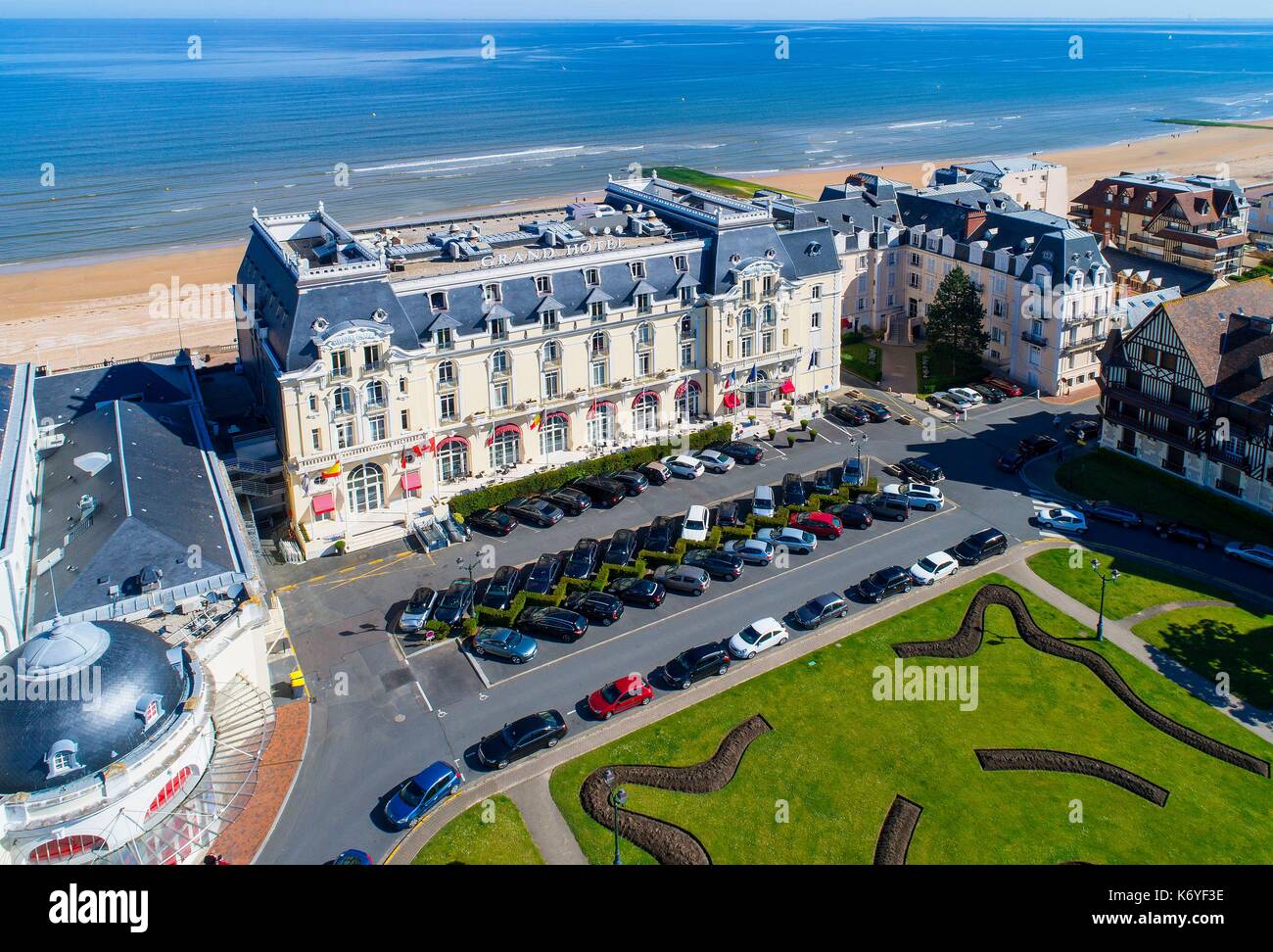 France, Calvados, Pays d'Auge, the cote Fleurie (Flowered coast), Cabourg, the seaside promenade and the Grand Hotel (aerial view) Stock Photo