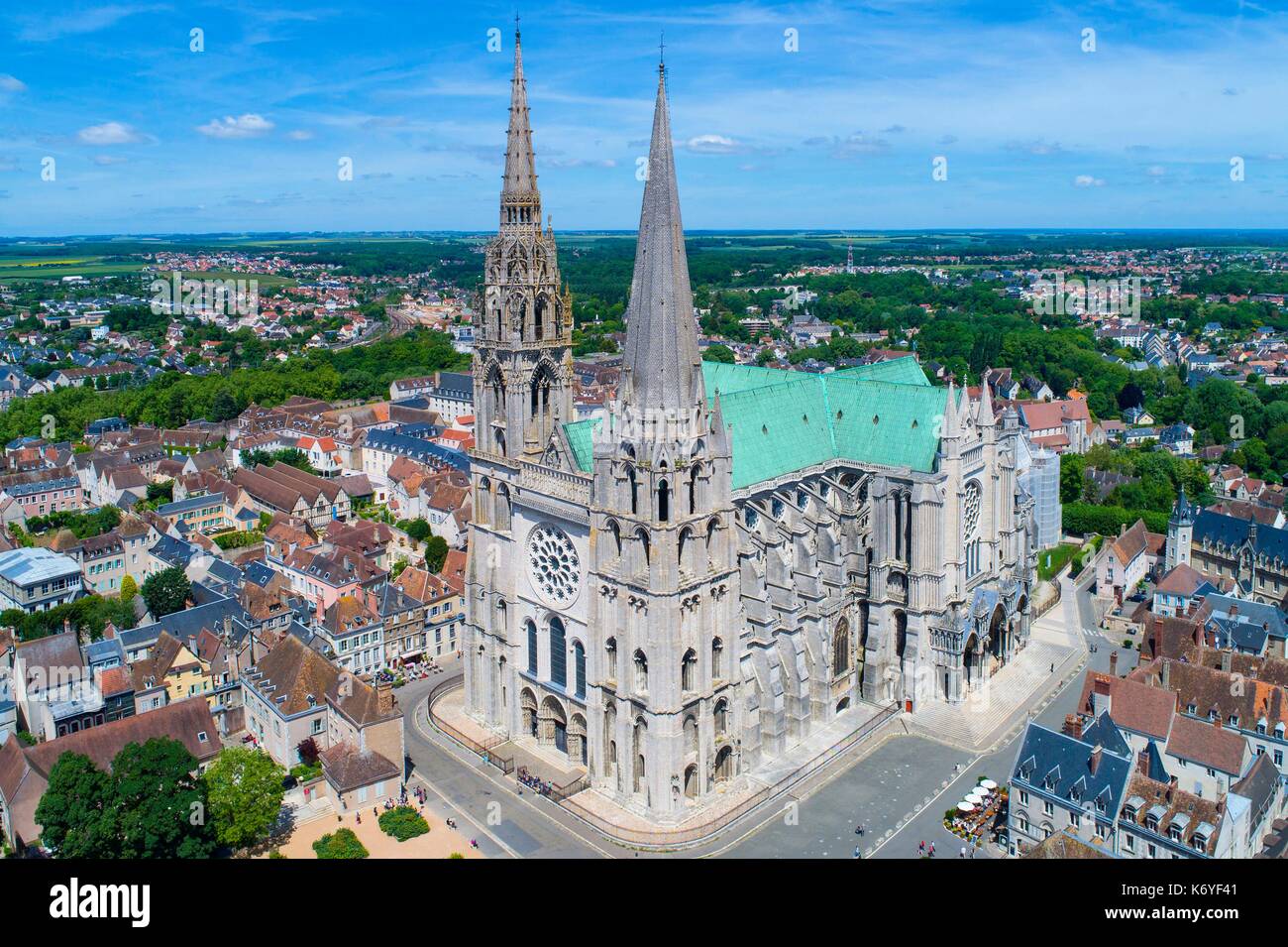 France, Eure et Loir, Chartres, Notre Dame Cathedral of Chartres listed as Wolrd Heritage by UNESCO (aerial view) Stock Photo