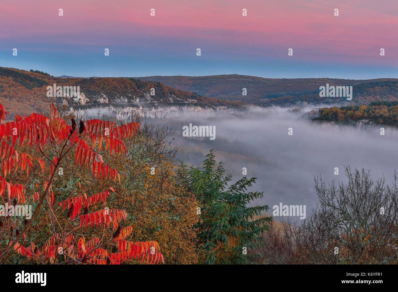 France, Lot, valley of the river Lot, Natural regional park Causses du Quercy, Lot Valley in the mist Stock Photo